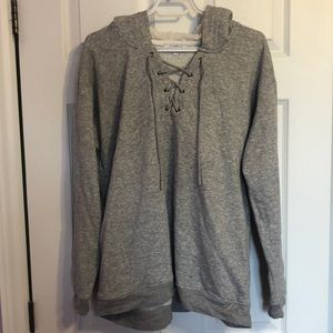 MyStyle grey lace-up hoodie with sherpa-lined hood